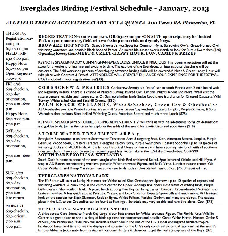 2013 Everglades Birding Festival schedule.